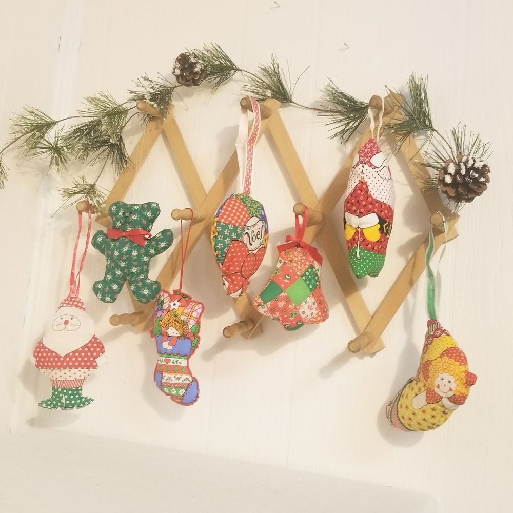 SALE Vintage set of 7 plush patchwork ornaments